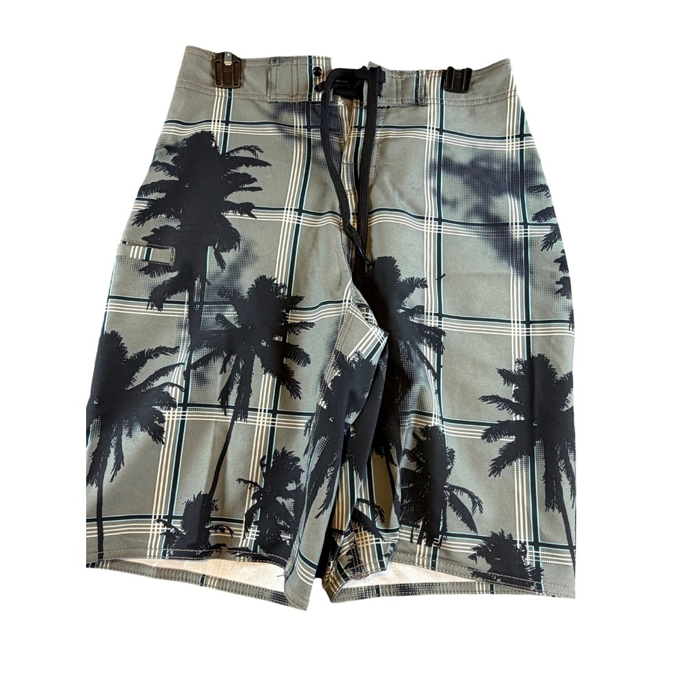 Arizona Jean Co Mens Palm Tree Plaid Board Shorts Green Black Size 28 NWT